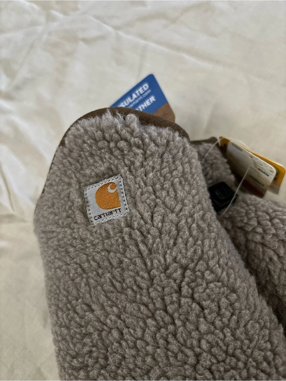 Carhartt Taupe Sherpa Fleece Mittens with Logo Patch